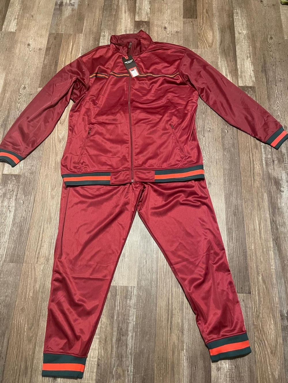 Red Track Suit with Striped Trim